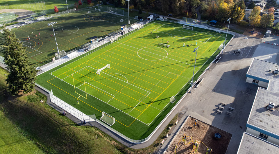 Aerial shot of the new Mackie Park synthetic turf field. 
